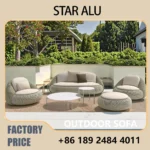 Outdoor Rattan Patio Furniture Set – Weather-Resistant PE Wicker Sofa with Coffee Table & Ottoman, Deep Gray Cushions Included