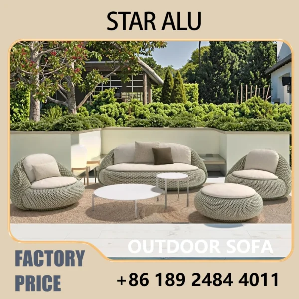 Outdoor Rattan Patio Furniture Set – Weather-Resistant PE Wicker Sofa with Coffee Table & Ottoman, Deep Gray Cushions Included