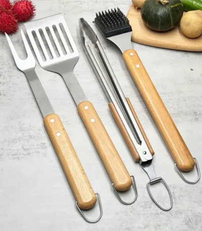 4-Piece Set Stainless Steel Barbecue Tool Set Outdoors BBQ Beech Wood Handle Fork Shovel Clamp Brush Combined Grill 1