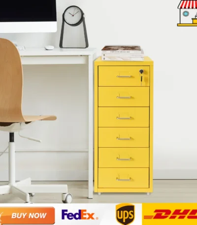Lockable Rolling Metal File Cabinet| 6-Drawer Home Office Document Storage Container with Wheels| Off-white/Green/Yellow 1