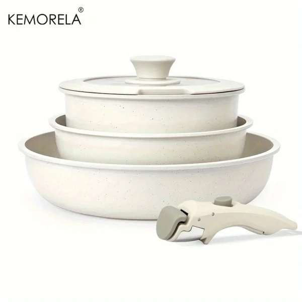 KEMORELA 5pcs White Nonstick Cookware Set with Detachable Handles – Stackable Oven Safe Pots & Pans for Camping and Home Kitchen
