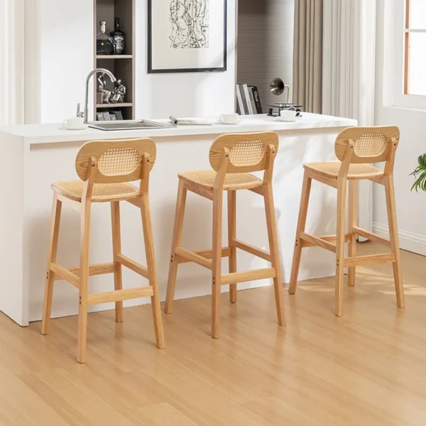 Solid wood rattan bar chair, rattan cushion, modern minimalist style bar counter stool, dining room high stool, backrest chair