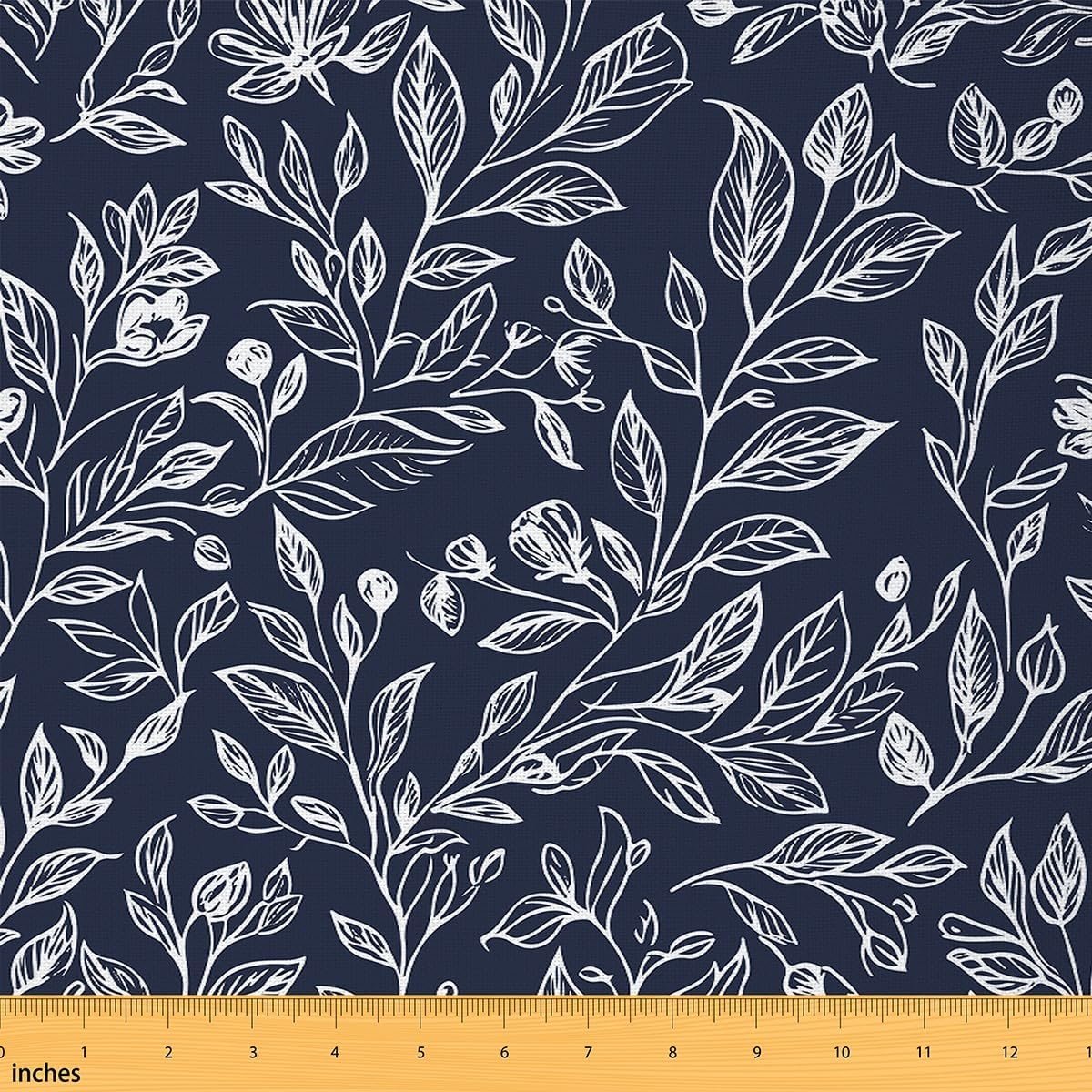 Feelyou Flowers Upholstery Fabric By The Yard, Vintage Flowers Pattern Reupholstery Fabric for Chairs, Nature Theme Leaf Pattern Decorative Soft Flannel, 1 Yard, Navy Blue - Image 2