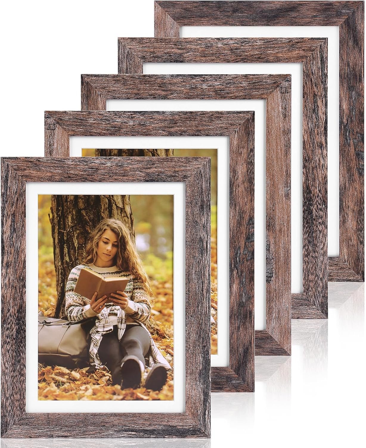 Fixwal 5x7 Picture Frames Set of 5, Rustic Brown Wood Grain with Tempered Real Glass, Vintage Photo Frames for Wall Decor Mounting and Tabletop Display - Image 2