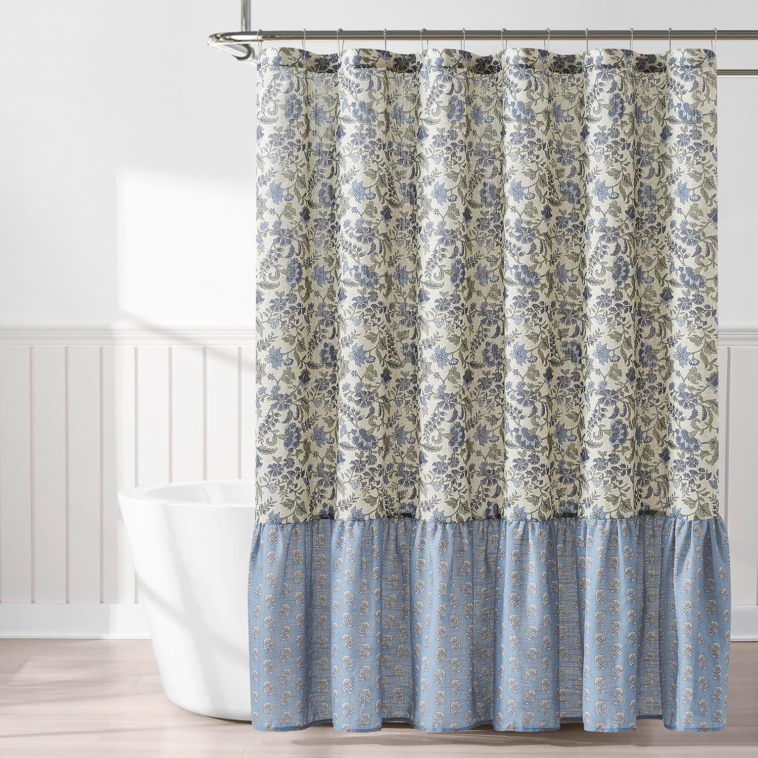 Lush Decor Lillian Block Print Linen Textured Shower Curtain Single 72" W x 72" L Blue & Sage - Vintage Floral Shower Curtains - Ruffled Bath Curtain - Image 2