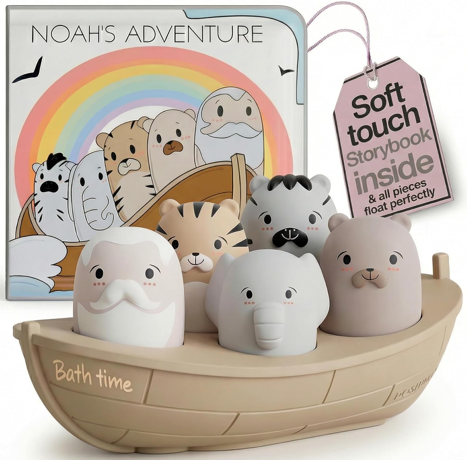 Noah's Ark Silicone Floating Bath Toy Set for Toddlers 18M+ Includes 7 Pieces Boat Animals and Waterproof Bible Storybook Educational Sensory Learning Nordic Color Design Montessori Faith Play - Image 2