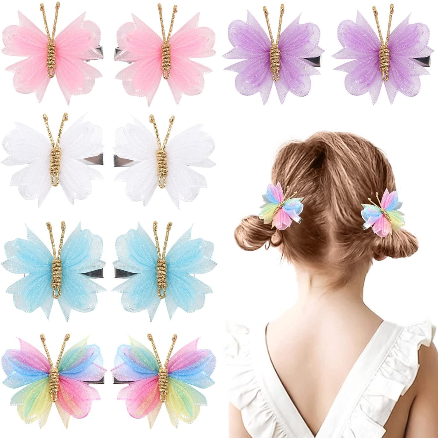 Oaoleer Hair Clips, 10PCS Mini Butterfly Hair Barrettes, 2" Tulle Mesh, Colorful Butterfly Hair Accessories for Baby Girls Women Halloween Cosplaying Party Decor - Image 2