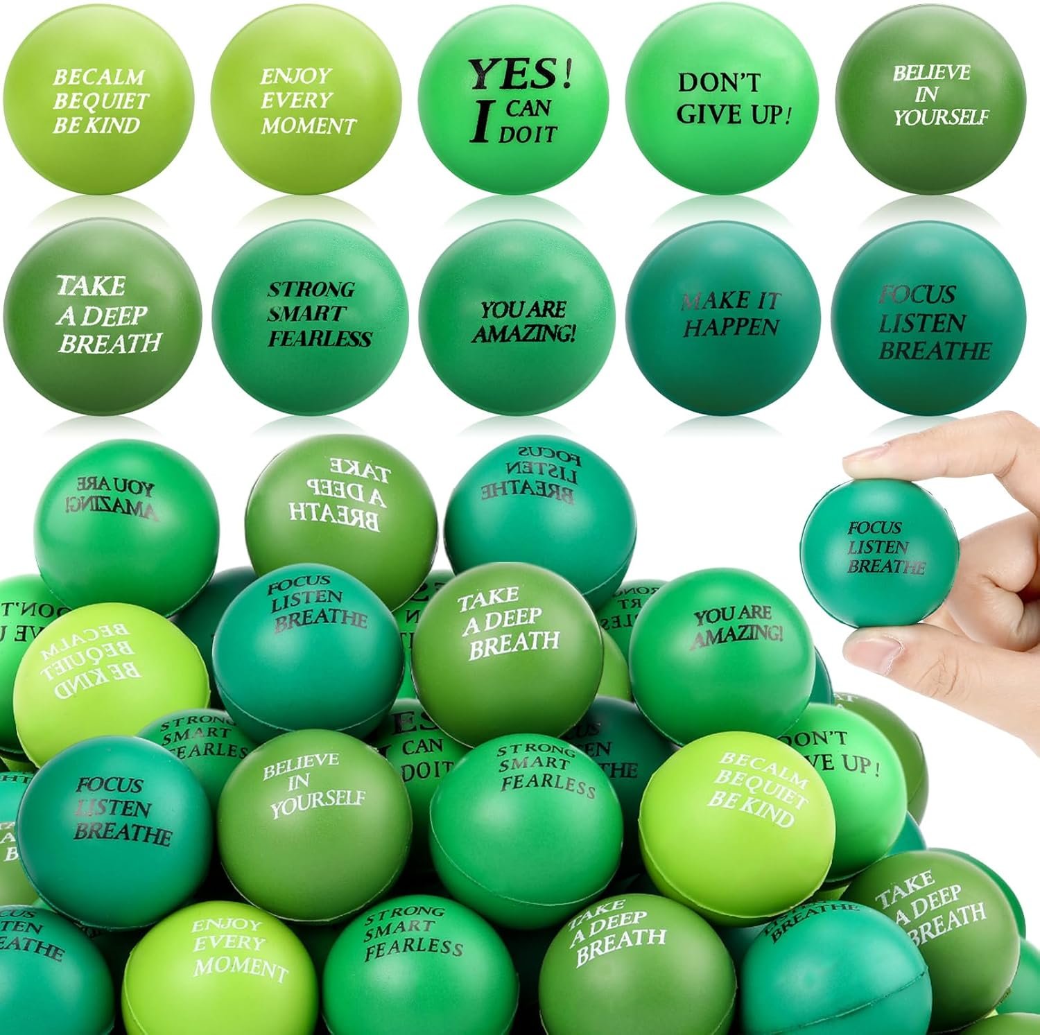 Sotiff 100 Pieces Motivational Stress Balls Bulk for Adults Colorful Foam Inspirational Relief Quotes Stress Squeeze Balls Pack Employee Appreciation Gift for Relief Encouraging(One Size,Green Colors) - Image 2