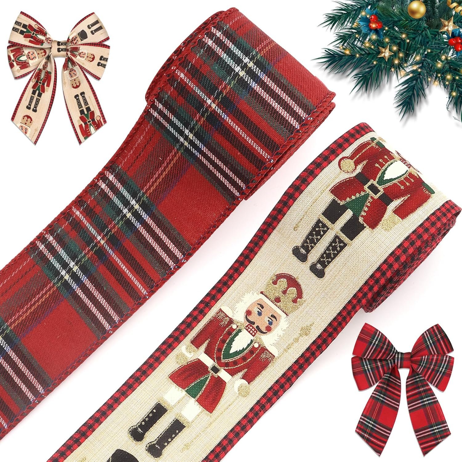 Threetols 2 Rolls 10 Yards Christmas Wired Edge Ribbons, 2.5inch Vintage Red Buffalo Plaid Ribbons, Christmas Nutcracker Ribbon for Xmas DIY Craft Winter Wreath Bow New Year Party Decor - Image 2