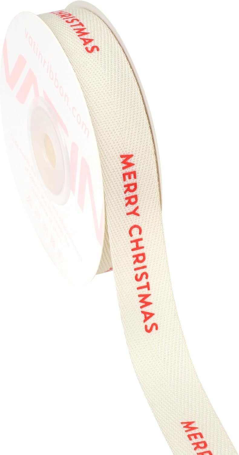 VATIN Herringbone Christmas Cotton Ribbon Printed with “Merry Christmas”, Natural Color 5/8-inch 12 Yards Gift Ribbon Use for Gift Wraping, Flower Bouquet, Christmas Tree Decor, Wreath Decorations - Image 2