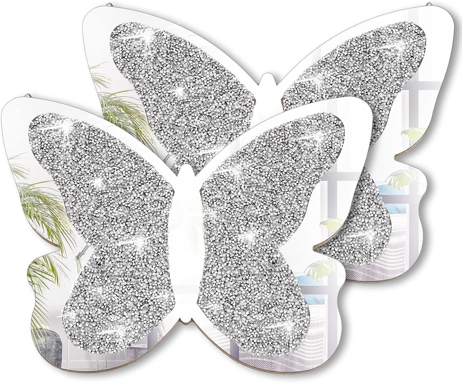 Vesici 2 Pieces Butterfly Shaped Mirror Crystal Crushed Diamond Silver Mirror Silver Wall Decor for Living Room Modern Decorative Artwork for Nursery Wedding Decor(11.8 x 8.8 Inch) - Image 2