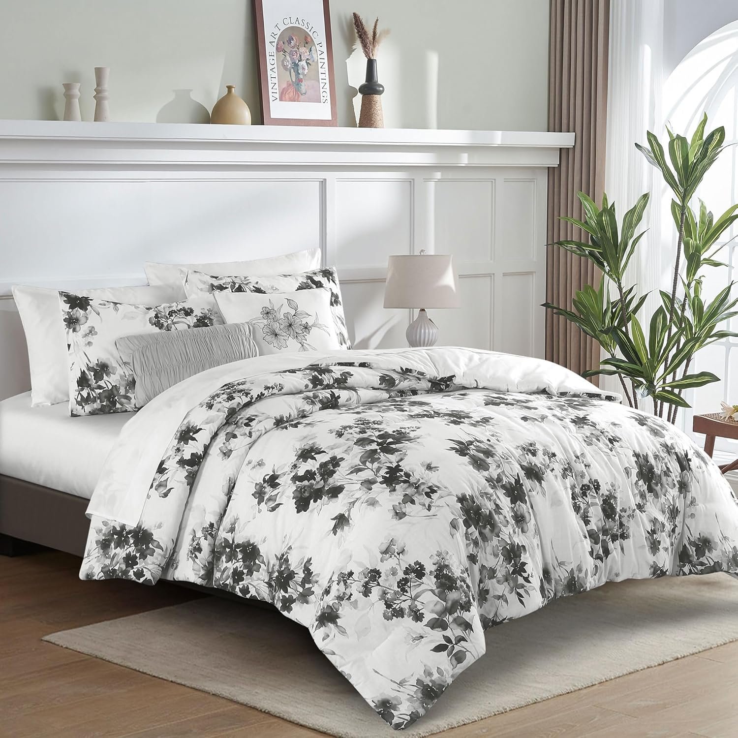 Wonderful Cotton Comforter King Size 5 Pieces, Light Black Floral Comforter Set with Pillow Shams and Decorative Pillows, Lightweight Comforter Cozy Bedding for All Season - Image 2