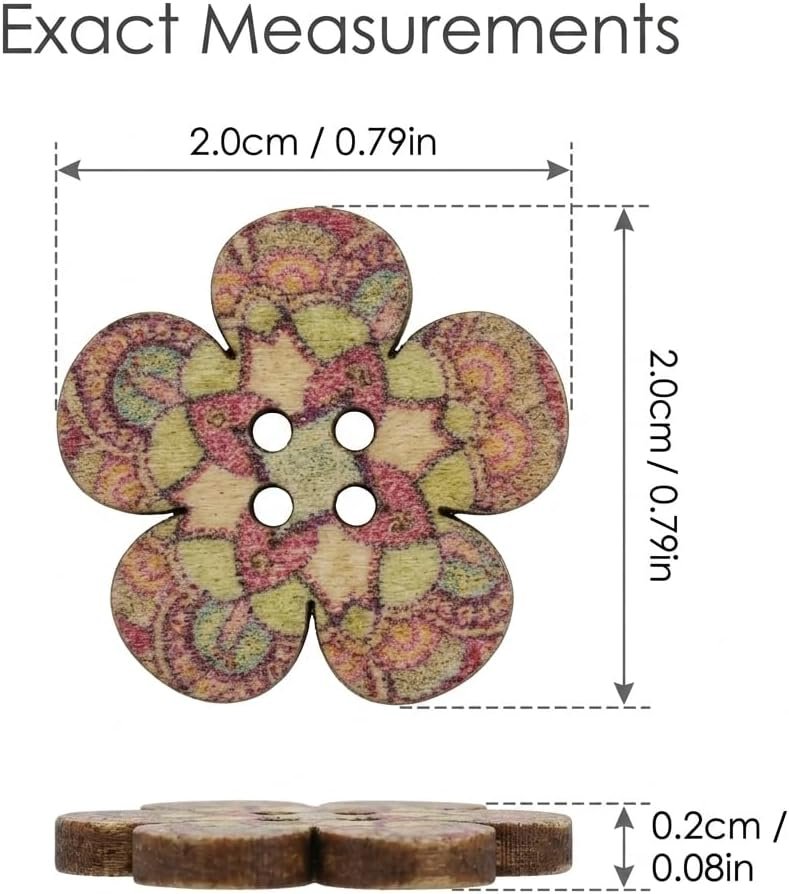 100 Pcs Wooden Flower Buttons for Crafts - 2-Hole Decorative Floral Buttons for DIY Sewing, Scrapbooking & Knitting, Random Assorted Patterns, 20mm Large Wooden Fasteners for Art Projects - Image 2