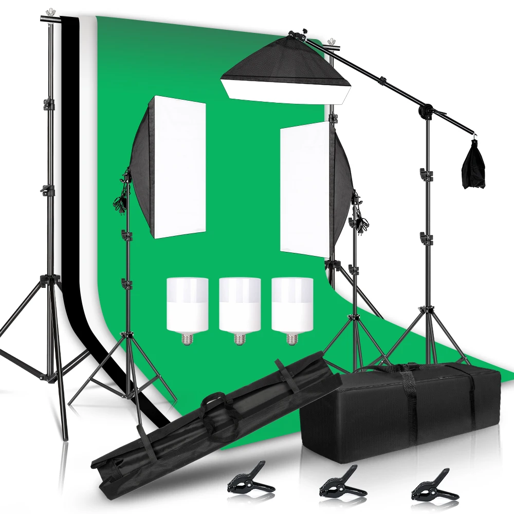Photography Lighting Kit With 2x2M Photo Background Muslin Backdrops Softbox Light Stand Portable Bag Soft BoxFor Photo Studio 1