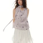 DUSHU 2026 Summer Women’s Sequin Embroidered Cowl Neck Sleeveless Blouse with Draped Tie Detail – Effortless Relaxation Style