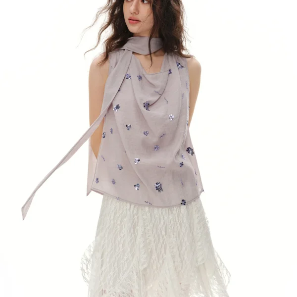 DUSHU 2026 Summer Women’s Sequin Embroidered Cowl Neck Sleeveless Blouse with Draped Tie Detail – Effortless Relaxation Style