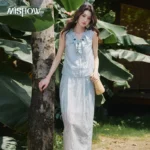 MISHOW Blue Embroidery 2 Piece Set  V Neck Ruffle Sleeveless Top with Wooden Bead Buttons Slim Bud Midi Skirt Set MXF29T1688