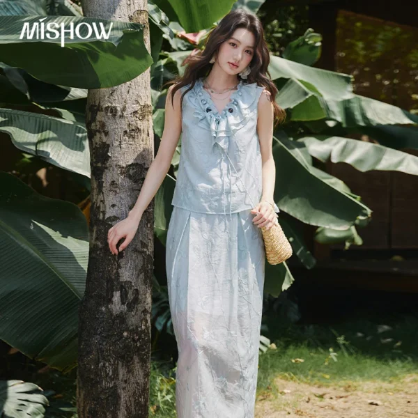 MISHOW Blue Embroidery 2 Piece Set  V Neck Ruffle Sleeveless Top with Wooden Bead Buttons Slim Bud Midi Skirt Set MXF29T1688