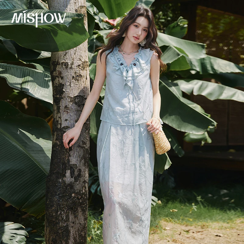 MISHOW Blue Embroidery 2 Piece Set  V Neck Ruffle Sleeveless Top with Wooden Bead Buttons Slim Bud Midi Skirt Set MXF29T1688 1