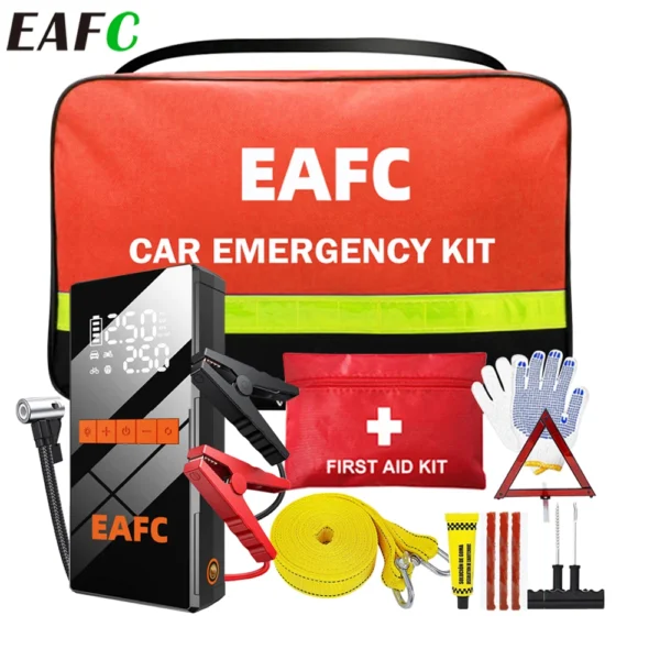 EAFC Roadside Assistance Emergency Kit Car Emergency Kit Emergency Kit with JumpStarter with Air PumpTire repair kit,First aid kit,Tow ROP