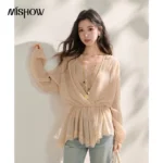 MISHOW Women’s French Style Beige Sheer Chiffon Blouse V Neck Lace Trim Elastic Waist Peplum Top For Spring Summer MXF16T1588