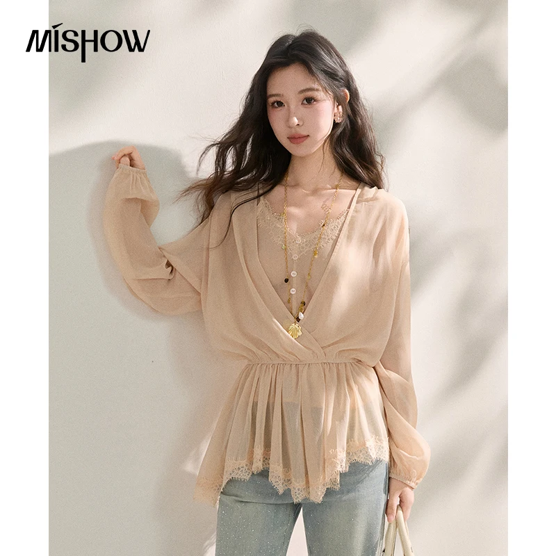 MISHOW Women's French Style Beige Sheer Chiffon Blouse V Neck Lace Trim Elastic Waist Peplum Top For Spring Summer MXF16T1588 1