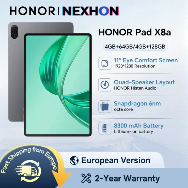HONOR Pad X8a,EU Version Tablet,11-inch High Refresh Rate Eye Comfort,8300mAh Battery, Quad-speaker, Slim Metal Design, HONOR Android Tablet