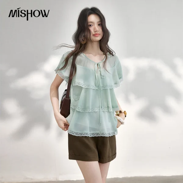 MISHOW French Chiffon Design Blouse Female New Summer 2026 Lace Round Neck Ruffles Fashion Elegant Sweet Shirt Top MXF22X2605