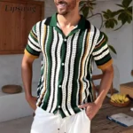 Daily Leisure Men Knitted Breathable Shirts Vintage Hollow Out Short Sleeve Cardigan Summer Striped Contrast Color Knit Shirt