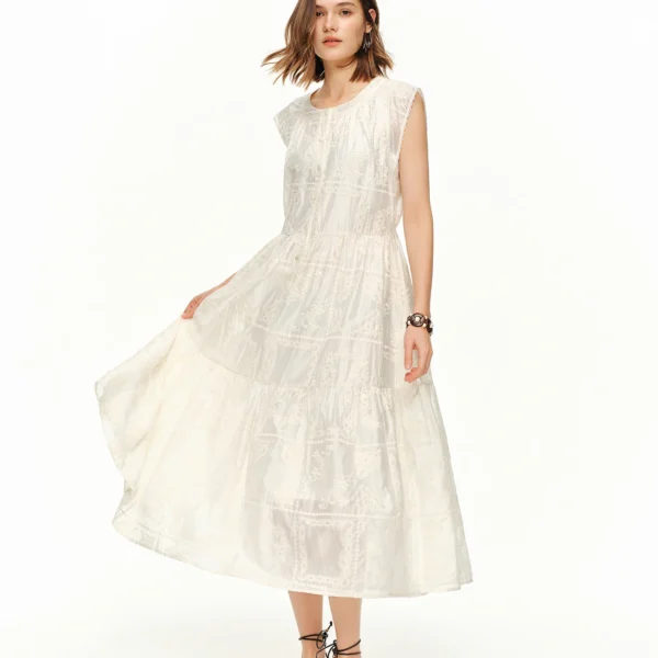 DUSHU 2026 Summer Women Embroidered Tie-Waist Sleeveless A-Line Dress White Flowy Boho Midi Shift Coquette Quiet Luxury Style