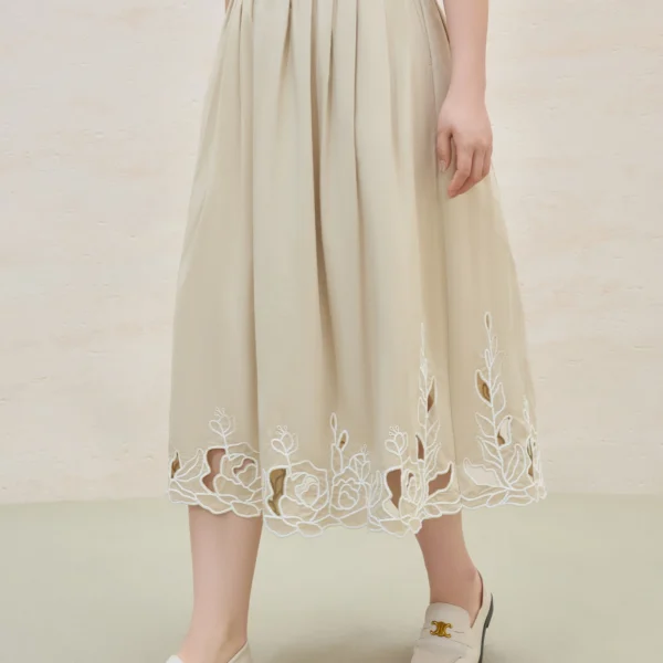 DUSHU Women Summer Khaki Long Skirts High Waist Elastic Waist Embroidered Hollow Design Female Cotton Skirt 25DS82121