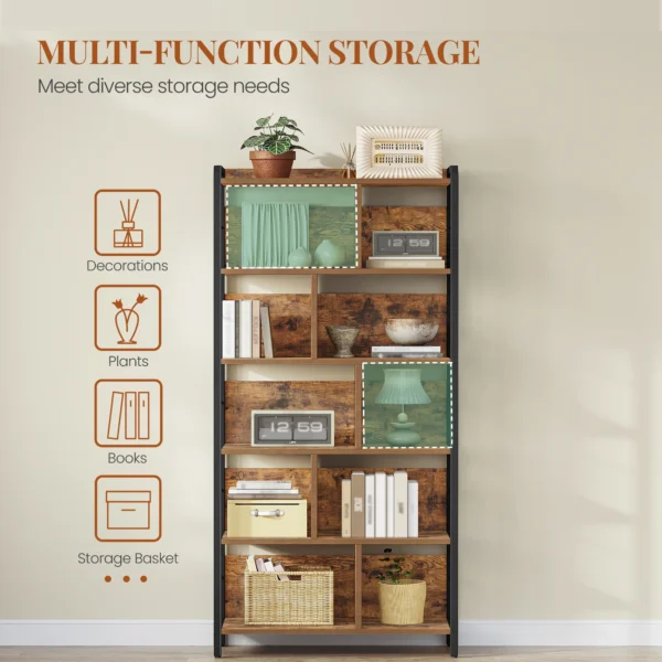 Bookcase 6 Tier Standing Shelf with Metal Frame Storage Shelf Freestanding Shelf Open Shelves for Study Office Living Room