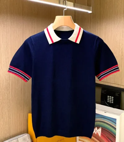 British Style Summer Men Polo Shirts Short Sleeve Knitted Turn-down Collar T-shirts Patchwork Tops 1