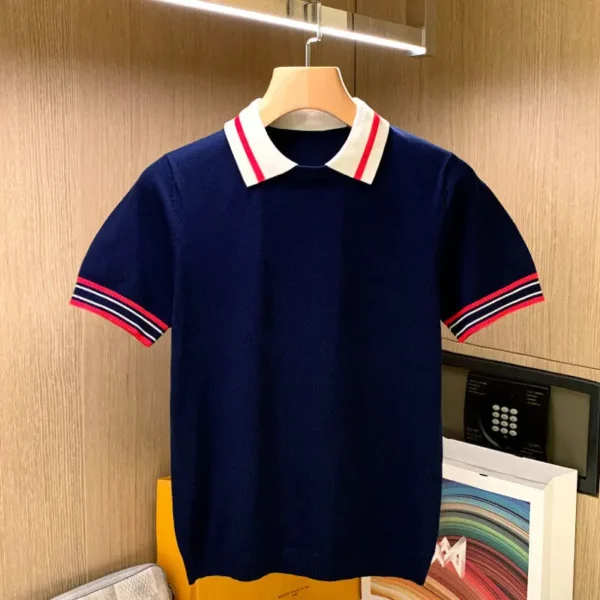 British Style Summer Men Polo Shirts Short Sleeve Knitted Turn-down Collar T-shirts Patchwork Tops