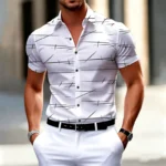 18 colors new men’s fashion geometric line print short-sleeved shirt Urban casual style slim lapel shirt comfortable fabric