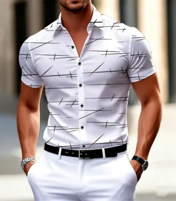 18 colors new men's fashion geometric line print short-sleeved shirt Urban casual style slim lapel shirt comfortable fabric 1