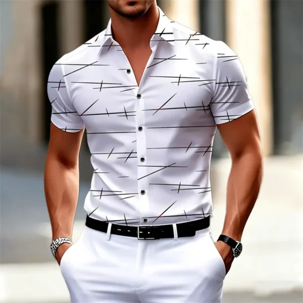 18 colors new men’s fashion geometric line print short-sleeved shirt Urban casual style slim lapel shirt comfortable fabric