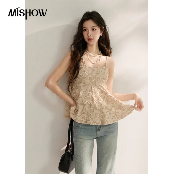 MISHOW Women’s Cherry Blossom Pink 3D Petal Camisole Tank Top 2026 Summer New Spaghetti Strap Ruffle Hem Inner Vest MXF16D2373