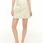 DUSHU 2026 Summer Women High Waist A-Line Mini Skirt 100% Cotton Hollow Out Daisy Print Loose Casual Short Skirt Yellow