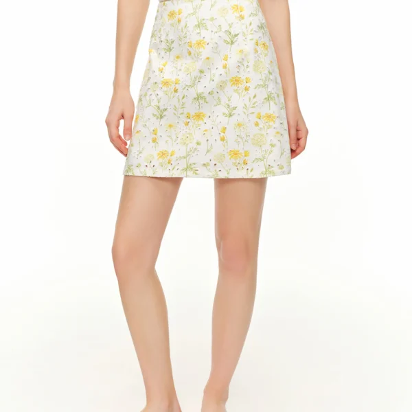 DUSHU 2026 Summer Women High Waist A-Line Mini Skirt 100% Cotton Hollow Out Daisy Print Loose Casual Short Skirt Yellow