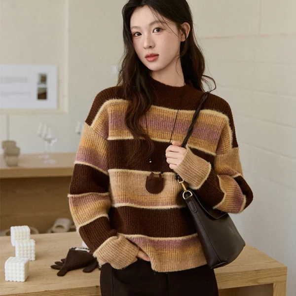 MISHOW Women’s French Striped Gradient Sweater 2025 Winter Faux Mink Fleece Sweater Thick Casual Warm Knitted Top MXE94Z2891
