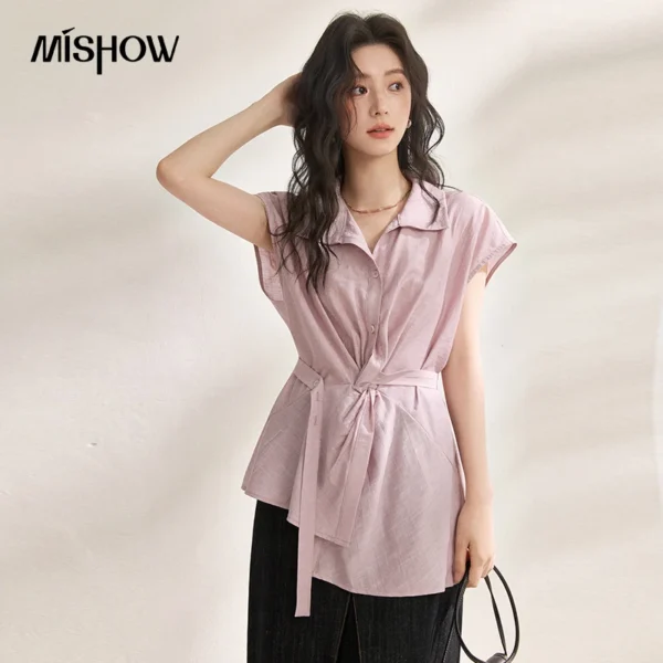 MISHOW Women Waist Tie Shirt 2026 Summer New Collared Cap Sleeve Knot Detail Cinched Waist Casual Summer Tunic Blouse MXF24C2488