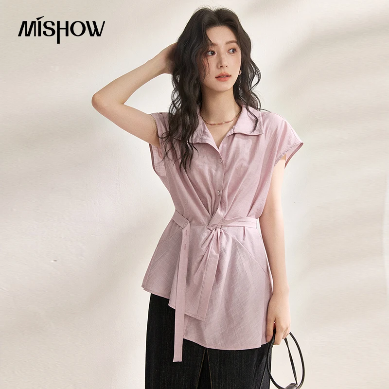 MISHOW Women Waist Tie Shirt 2026 Summer New Collared Cap Sleeve Knot Detail Cinched Waist Casual Summer Tunic Blouse MXF24C2488 MISHOW Women Waist Tie Shirt 2026 Summer New Collared Cap Sleeve Knot Detail Cinched Waist Casual Summer Tunic Blouse MXF24C2488