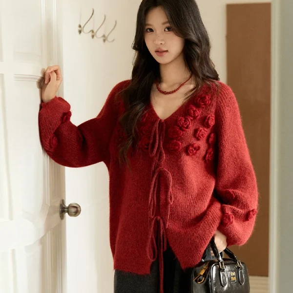 MISHOW New Year Women’s Red Knitted Sweater 2025 Autumn Winter Rose Pattern Lace-Up V-Neck Tops Loose Warm Sweaters MXE94Z2956
