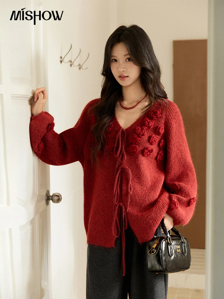 MISHOW New Year Women’s Red Knitted Sweater 2025 Autumn Winter Rose Pattern Lace-Up V-Neck Tops Loose Warm Sweaters MXE94Z2956 MISHOW New Year Women’s Red Knitted Sweater 2025 Autumn Winter Rose Pattern Lace-Up V-Neck Tops Loose Warm Sweaters MXE94Z2956
