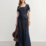 DUSHU Women’s French Vintage Lace Square Neck Blouse Relaxed Wide-Leg Tros 2025 New Cowboy-Inspired Set 25DS82923+25DS82925