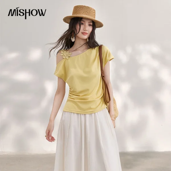 MISHOW Women’s Asymmetric Skew Collar T-shirt 2026 Summer 3D Floral Applique Ruched Waist Slim Yellow Casual Top MXF28T1682