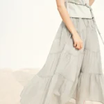 DUSHU Tiered Midi Skirt High Elastic Waist Arc Split Cake Skirt Summer Casual Solid Lake Green Women Ins Fairycore