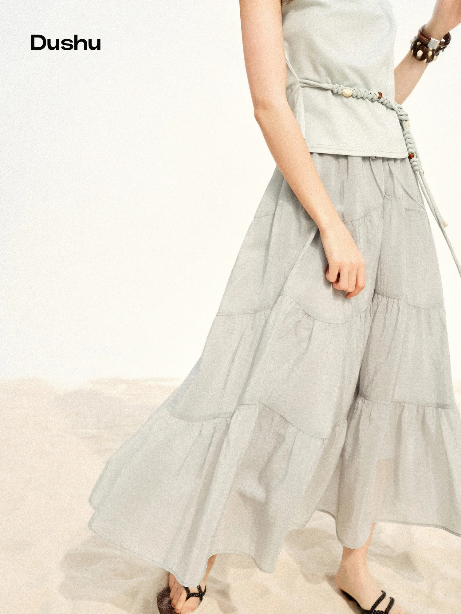 DUSHU Tiered Midi Skirt High Elastic Waist Arc Split Cake Skirt Summer Casual Solid Lake Green Women Ins Fairycore DUSHU Tiered Midi Skirt High Elastic Waist Arc Split Cake Skirt Summer Casual Solid Lake Green Women Ins Fairycore