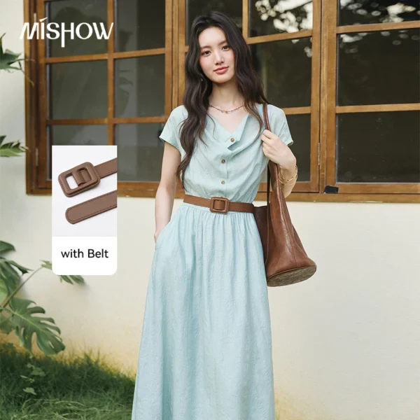 MISHOW Women’s Light Blue Vintage Midi Dress Summer Draped V Neck Short Sleeve Waist Belt Loose Vacation Long Dress MXF20L2771